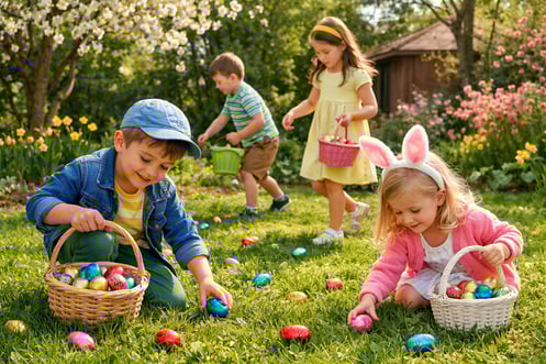 kinderen die in de tuin paaseitjes rapen
